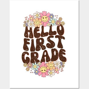 Groovy Hello First Grade Vibes Retro Teacher Back To School Posters and Art